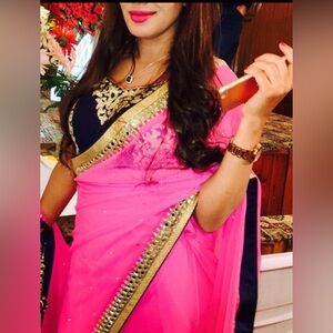 Pink and Navy Blue Saree with Gold Accents